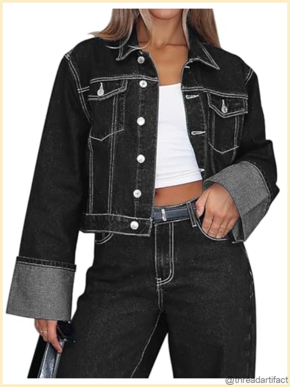 Women's Denim Crop Jacket Button Down Long Sleeve Cotton Blend Jean Outerwear